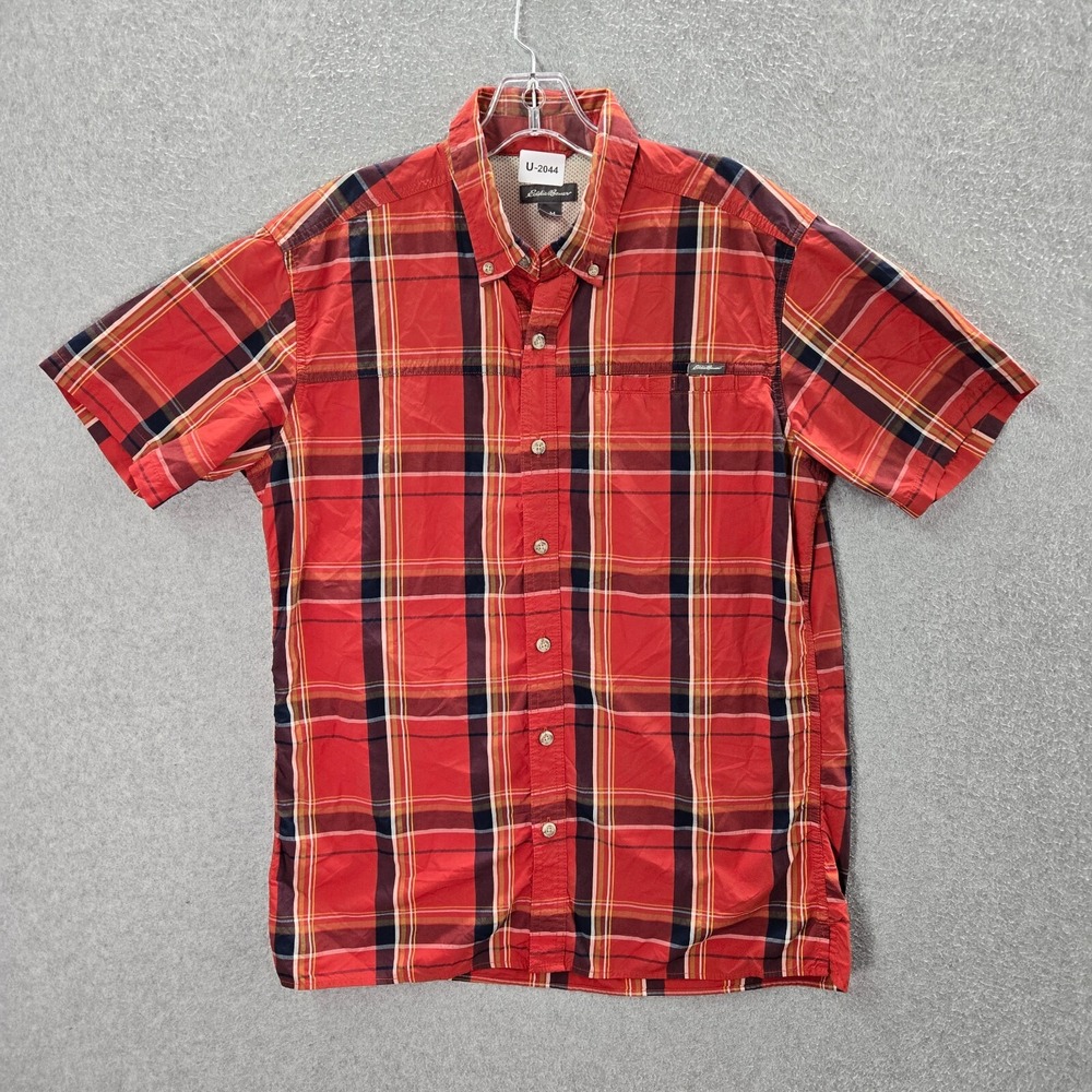 Eddie Bauer Men Button Up Shirt Medium Orange Plaid Mesh Lined Short Sleeve